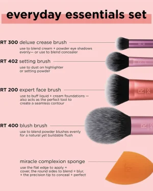 REAL TECHNIQUE EYERYDAY ESSENTIALS BRUSH KIT x4 + SPONGE